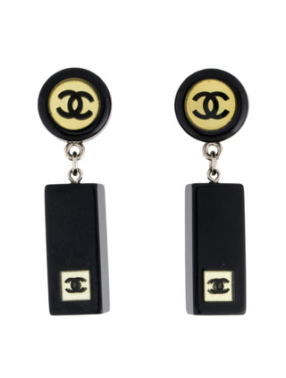 Chanel Black Resin Interlocking CC Drop Earrings