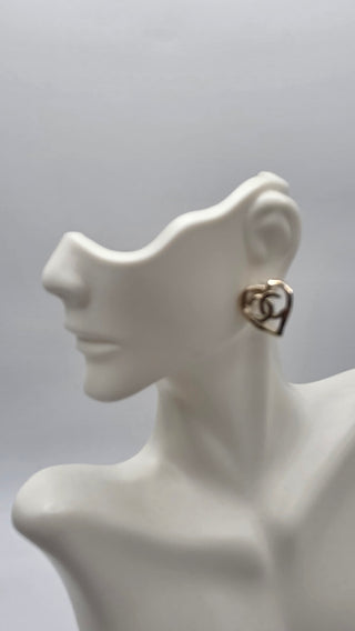 Chanel Gold-tone Interlocking CC Heart Stud Earrings NWT