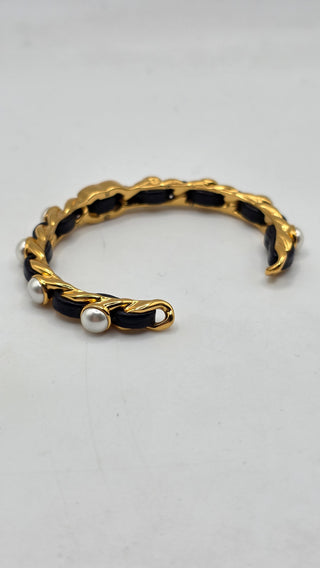 Chanel  Gold-tone Faux Pearl Leather CC Cuff Bracelet