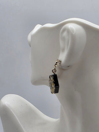 Chanel Gold-tone Black Glitter Resin Interlocking CC Drop Earrings