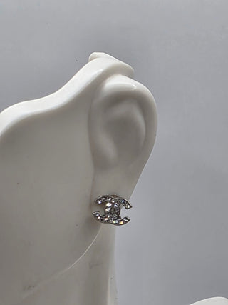 Chanel Silver-tone Strass Interlocking CC Stud Earrings