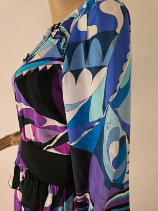 Emilio Pucci Blue purple multicolor signature print long-sleeved dress 6 sz
