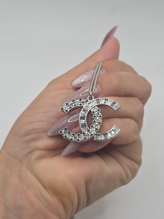 Chanel Silver-tone Strass Interlocking Pendant Necklace