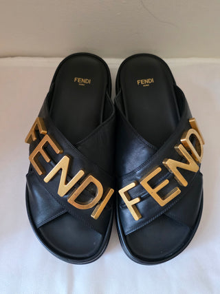 Fendi Black leather Gold-tone logos slides 38.5 sz