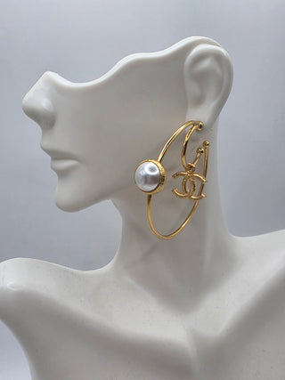 Chanel Gold-tone Interlocking CC 2020 Faux Pearl Hoop Earrings