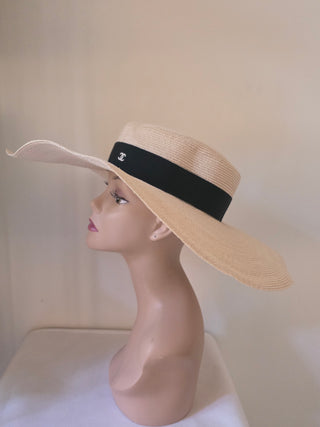 Chanel Beige Raffia Interlocking CC Logo Wide Brimmed Hat M sz