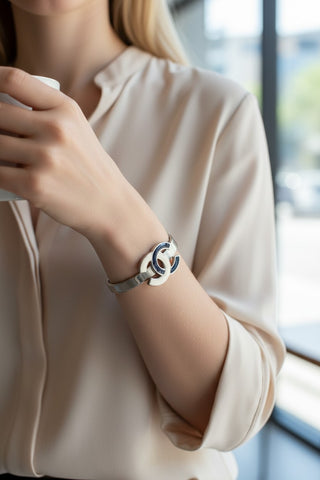Chanel Silver-tone Interlocking CC Enamel Cuff Bracelet