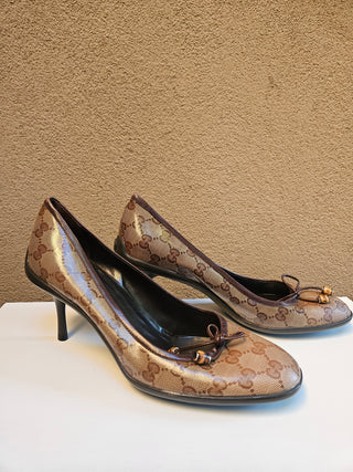 Gucci Brown GG Monogram mid heel pumps 39.5 sz