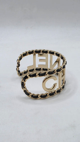 Chanel Gold-tone Leather 'CHANEL' Cuff Bracelet
