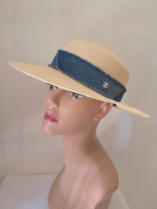 Chanel Beige Interlocking CC Denim Straw Hat S sz
