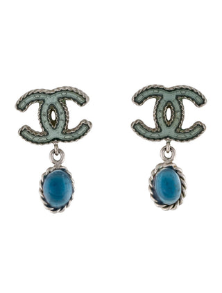 Chanel Silver-tone Blue Interlocking CC Beaded Drop Earrings