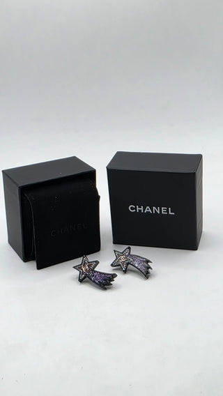 Chanel Black Silver-tone Strass Interlocking CC Shooting Star Earrings