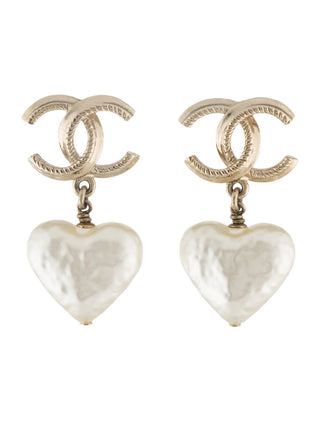 Chanel 2024 Faux Pearl Interlocking CC Heart Drop Earrings