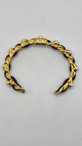 Chanel  Gold-tone Faux Pearl Leather CC Cuff Bracelet