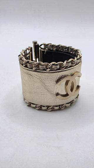 Chanel Gold-tone Leather Interlocking CC Wide Bracelet