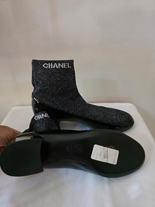 Chanel Black Logo Printed 2017 Patent Leather Sock Boots 40.5 EU