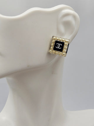 Chanel Faux Pearl Resin Interlocking CC Square Stud Earrings