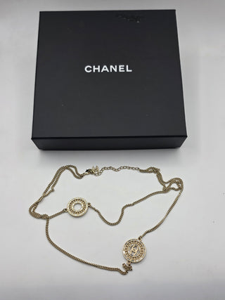 Chanel Gold-tone Faux Pearl Strass Interlocking CC Pendant Necklace