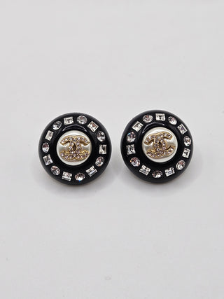 Chanel Black Resin Faux Pearl Crystal CC Stud Earrings