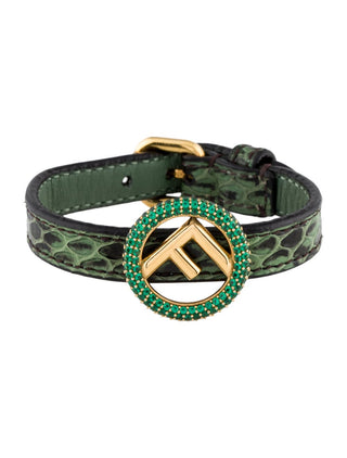 Fendi Gold-tone Crystal Green Snake Skin FF Leather Wrap Bracelet