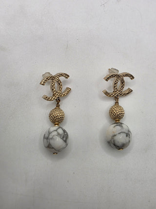Chanel Gold-tone White Stone inside CC Drop Earrings