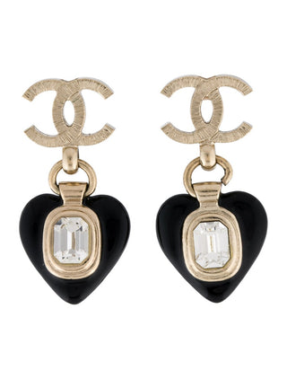 Chanel Strass Enamel Interlocking CC Heart Drop Earrings