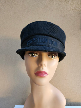 Christian Dior Black Corduroy Logo Printed Newsboy Hat S sz