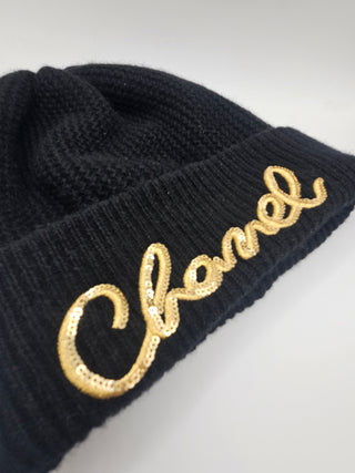 Chanel Gold-tone Sequin Logo Black Cashmere Sequin Beanie