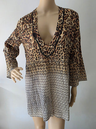 Fendi Brown Multicolor FF Logo Animal Print V-Neck blouse 40 sz