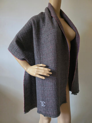 Chanel Grey Pink Cashmere Interlocking CC Metallic Thread Fringe Scarf