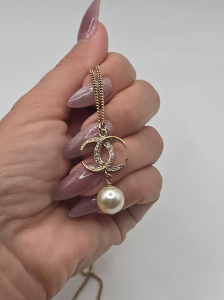 Chanel Gold-tone Faux Pearl  Strass CC Pendant Necklace