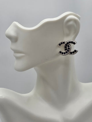Chanel Silver-tone Interlocking CC Strass Stud Earrings