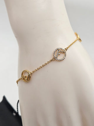 Fendi Gold-tone Crystal 'F is Fendi' Logo Station Link Bracelet