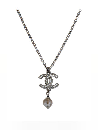 Chanel Silver-tone Faux Pearl Strass Interlocking CC Pendant Necklace