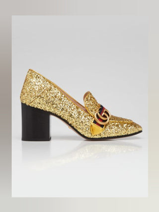 Gucci Gold Glitter Leather Peyton Marmont Mid-Heel Loafers 38.5 sz