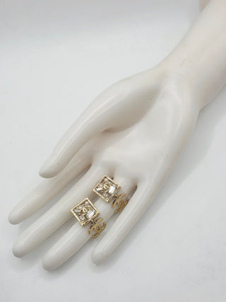 Chanel Gold-tone Faux Pearl Strass Cluster Interlocking CC Drop Earrings