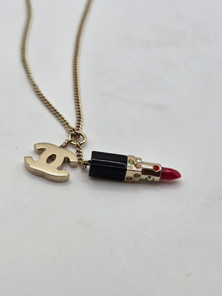 Chanel Gold-tone Crystal Resin Lipstick Interlocking CC Pendant Necklace