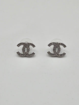 Chanel Silver-tone Strass Interlocking CC Stud Earrings