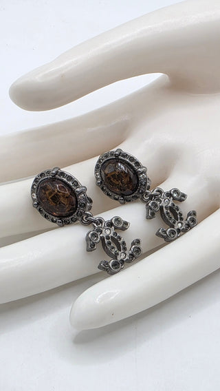 Chanel Resin Strass Silver-tone Interlocking CC Clip On Drop Earrings