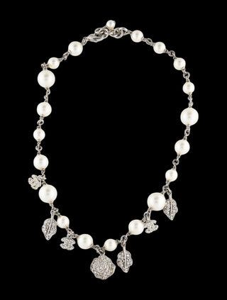 Chanel Faux Pearl Strass Interlocking CC Silver-tone Charm Necklace