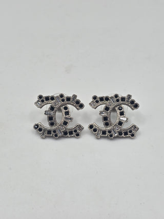 Chanel Silver-tone Strass Interlocking CC Stud Earrings