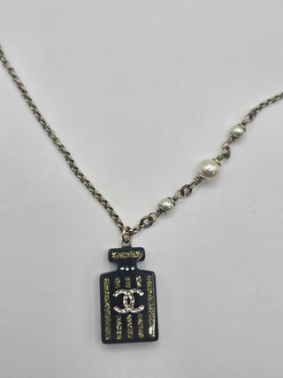 Chanel Faux Pearl Resin & Strass CC Logo Perfume Pendant Necklace