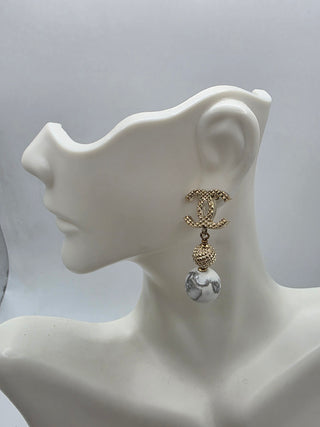 Chanel Gold-tone White Stone inside CC Drop Earrings