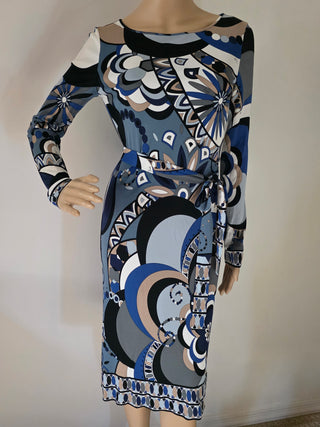 Emilio Pucci Blue Multicolor Printed Knee-Length Dress 6 sz