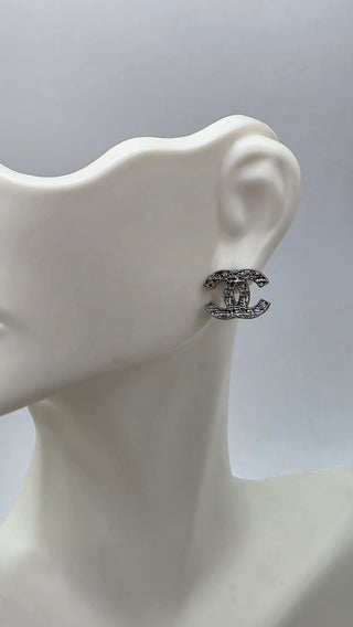 Chanel Silver-tone Interlocking CC Tweed Stud Earrings
