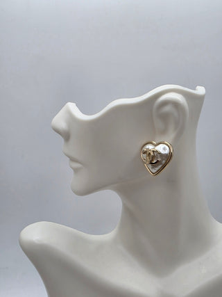 Chanel Gold-tone Faux Pearl Interlocking CC Heart Stud Earrings