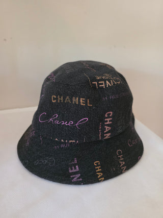 Chanel Black multicolor logo printed denim bucket hat S sz
