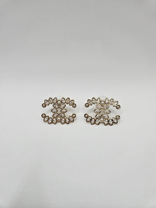 Chanel Gold-tone Faux Pearl Strass Interlocking CC Stud Earrings