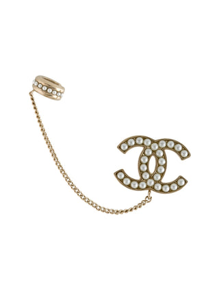 Chanel Gold-tone 2021 Faux Pearl CC Single Ear Cuff Clip-On Earring