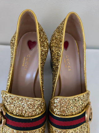 Gucci Gold Glitter Leather Peyton Marmont Mid-Heel Loafers 38.5 sz